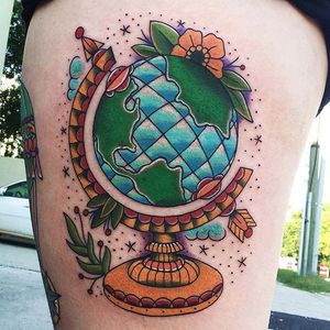 Very detailed traditional globe tattoo, by Kris Close. #KrisClose #globe #globetattoo #traditional