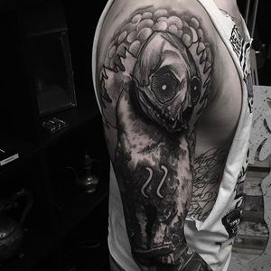 Awesome looking stattoo done by Phil Wilkinson. #PhilWilkinson #blackwork #stattoo