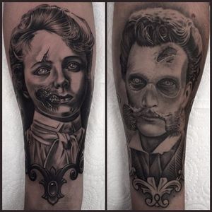 Black and grey portrait tattoos by Pete Belson. #blackandgrey #petethethief #PeteBelson #portrait #zombie #victorian #couple