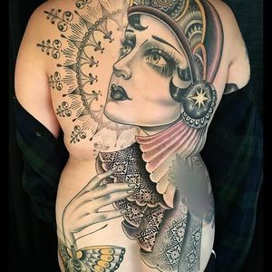 Back Piece in Progress by Rose Hardy (via IG-rosehardy) #ladyhead #traditional #neotraditional #detailed #color #rosehardy