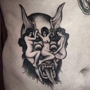 Blackwork devil tattoo by Adam Vu Noir. #AdamVuNoir #blackwork #devil #demon #dark #evil #demonic #women