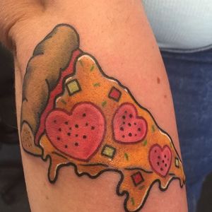 Pizza with heart-shaped pepperoni. Tattoo by Hollie West. #pizza #heart #food #cute #HollieWest