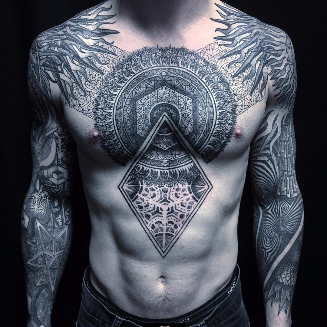 Abstract geometry sleeve and chest tattoo