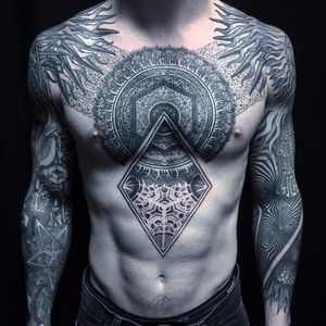 Patterns by Rob Hoskins #RobHoskins #blackandgrey #linework #dotwork #chestpiece #sleeves #pattern #geometric #sacredgeometry #shapes #mandala #fire #sun #opticalillusion #tattoooftheday