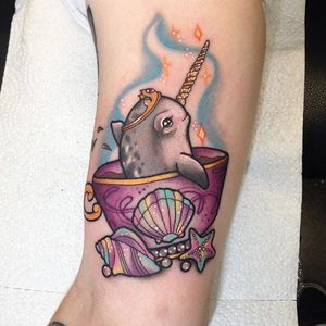 Narwhal tattoo by Carly Kroll. #CarlyKroll #girly #neotraditional #cute #narwhal #horn #magical #teacup