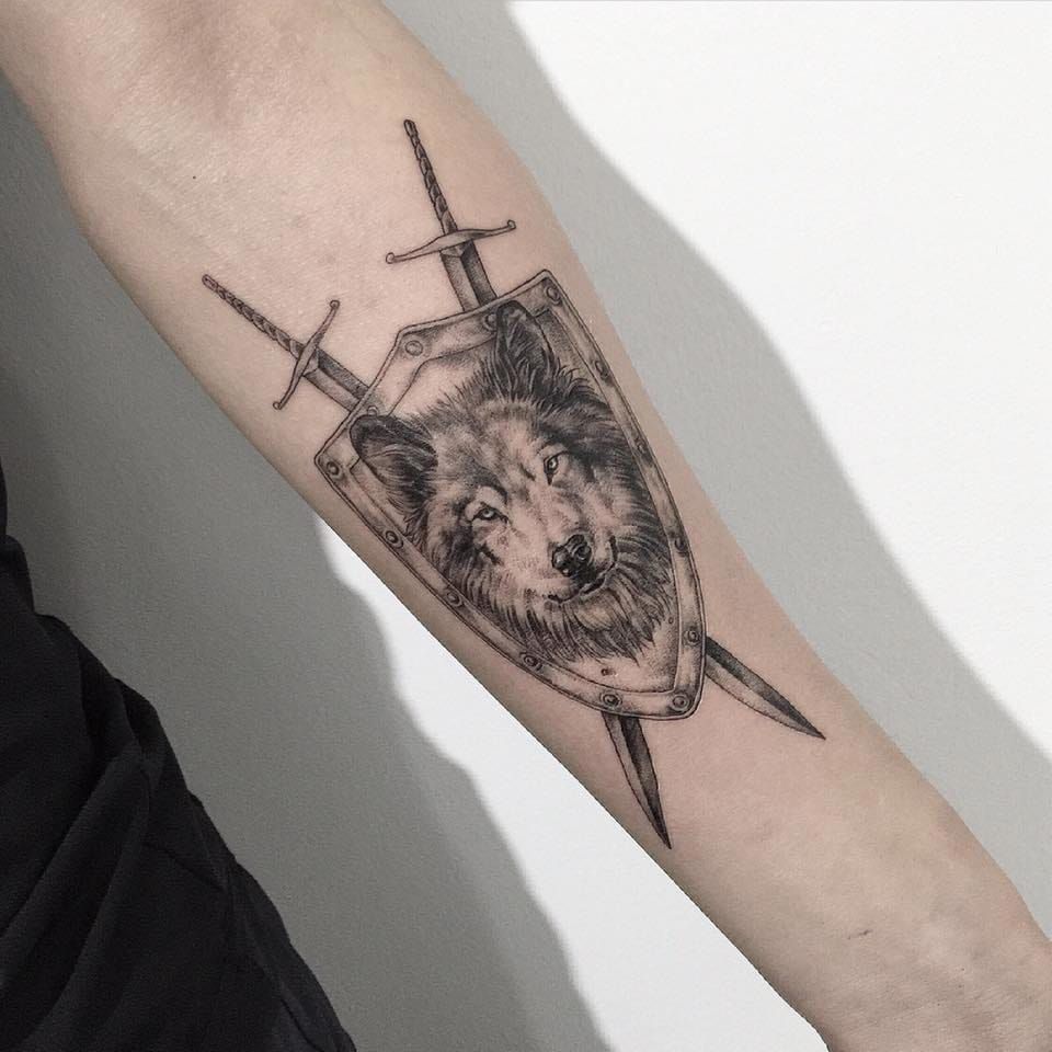 Tattoo uploaded by Xavier • Fine line wolf and swords tattoo by Tattooer  Intat. #Intat #TattooerIntat #fineline #southkorean #wolf #sword #shield •  Tattoodo