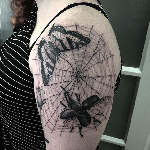 Black work style web and skull butterfly on my knee and thigh Done by  Hayden Thompson at empire in Melbourne Australia About 7 hours of  tattooing Was some of the worst pain