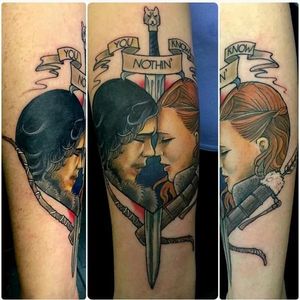 Jon Snow and Ygritte tattoo by Kayley White. #gameofthrones #GOT #tvshow #jonsnow #ygritte #couple #neotraditional