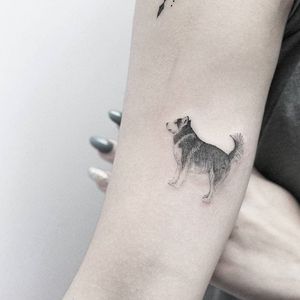 Husky tattoo by Lindsay April. #dog #husky #dotwork #pointillism #subtle #LindsayApril