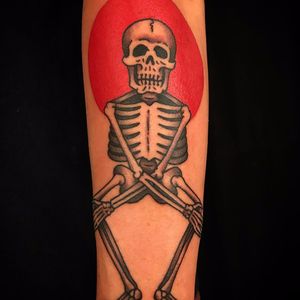 Lil Criss Crossin Skeleton by Death Cloak #DeathCloak #blackandgrey #newtraditional #color #red #death #skeleton #bones #dance #tattoooftheday