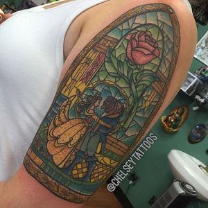 Stained glass Beauty and the Beast tattoo by Chelsey Hamilton. #neotraditional #ChelseyHamilton #stainedglass #Belle #BeautyandtheBeast #rose