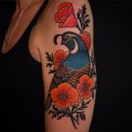 Cute quail by Becca Genné-Bacon #beccagennebacon #neotraditional #color #quail #feathers #wings #bird #flowers #leaves #nature #tattoooftheday