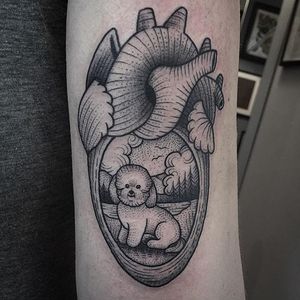 Bichon Frise Heart Tattoo by Susanne König #heart #anatomicalheart #dotwork #illustrative #SusanneKonig