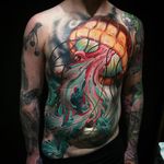 Epic jellyfish tattoo by Matty D. Mooney. #neotraditional #bodysuit #jellyfish #marine