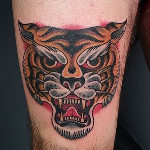 Traditional tiger head tattoo by Dominik Dagger. #traditional #DominikDagger #tiger #bigcat #tigerhead