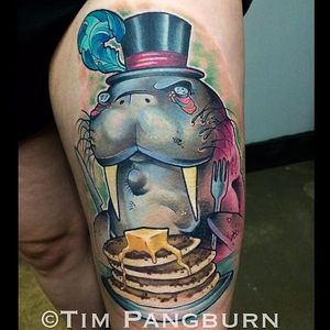 Pancakes are the favorite food of gentlemen walruses. Tattoo by Tim Pangburn. #neotraditional #walrus #gentlemananimal #gentlemanwalrus #pancakes #TimPangburn