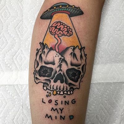 Skull by Mikey Holmes #MikeyHolmes #traditional #skull #abduction #alien #ufo #color #tattoooftheday