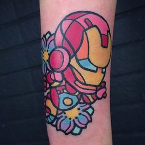 Cute little Ironman tattoo by @pikkapimingchen #cartoon #neotraditional #cartoonstyle #bright_and_bold #ironman #pastel