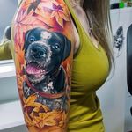 Fall-themed dog tattoo by Alex Noir. #realism #colorrealism #AlexNoir #Autumn #leaves #dog #portrait