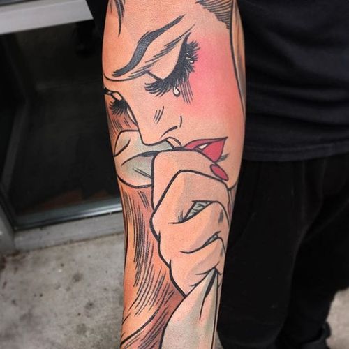 Comic book style woman crying tattoo by Whitney Havok. #comic #comicbook #woman #WhitneyHavok
