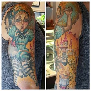 Alice in Wonderland tattoo by Mitchel Von Trapp @Mitchelmonster #Mitchelvontrapp #Newschool #Fantasy #Aliceinwonderland #AtomicZombietattoo