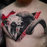 Ram skull tattoo by Michael Cloutier @cloutiermichael #Michaelcloutier #blackandgrey #blackandgray #blackandred #black #red #trashpolka #realism #ram #skull