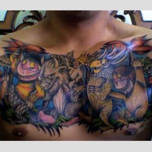 An excellent chest-piece of Max and all the monsters from Maurice Sendak's famous children's book. #Caldetatts #childrensbooks #MauriceSendak #WheretheWildThingsAre