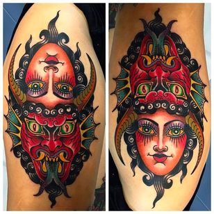 Awesome Demon and Lady Ambigram Tattoo por Xam @XamTheSpaniard #Xam #XamtheSpaniard #Beautiful #Gypsy #Girl #Lady #Demon #Ambigram #Traditional #sevendoorstattoo #London