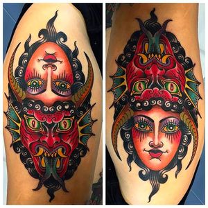 Awesome Demon and Lady Ambigram Tattoo by Xam @XamTheSpaniard #Xam #XamtheSpaniard #Beautiful #Gypsy #Girl #Lady #Demon #Ambigram #Traditional #sevendoorstattoo  #London
