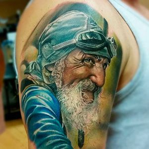 Awesome bearded man tattoo done by Peter Tattooer. #PeterTattooer #portraittattoo #realistic #beard #realism #portrait #colorportrait