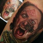 Marv is none too pleased about the spider crawling across his face. Tattoo by Kyle Cotterman. #realism #colorrealism #KyleCotterman #Marv #HomeAlone