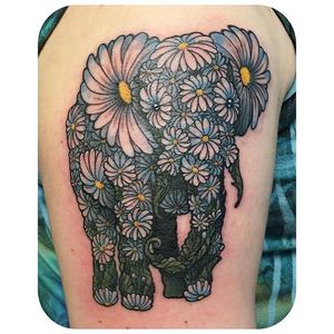Daisy chain elephant tribute tattoo by @rebekatattoos. #flower #daisy #daisychain #elephant #neotraditional #rebekatattoos