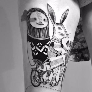 Cute sloth and rabbit tattoo by Miriam Frank #MiriamFrank #graphic #childhood #sloth #rabbit #illustrative