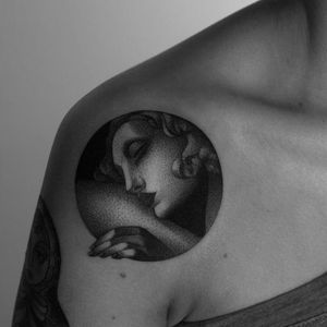 Beautiful tattoo by Dotyk #Dotyk #negativespace #dotwork #blackwork #geometric #portrait #woman #subtle