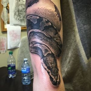 Black and grey snake tattoo by Stephen McConnell. #realism #blackandgrey #StephenMcConnell #snake #reptile