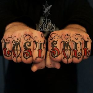 Lost Soul finger tattoo #knuckletattoos #lettering #neotraditionaltattoos #KidKros