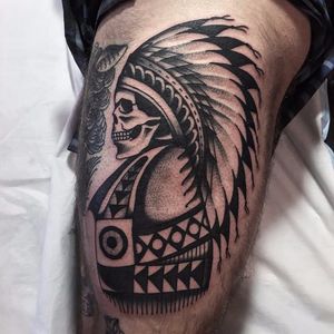 Skull Chief Tattoo by Mike Shaw #Blackwork #BlackworkTattoos #TraditionalBlackwork #BlackworkArtists #BlackInk #OldSchoolTattoos #TraditionalTattoos #MikeShaw