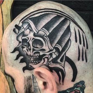 Blackwork Reaper Tattoo by Josh Hondros #reaper #head #scalp #blackwork #blackink #blackworkhead #jobstopper #boldwillhold #JoshHondros