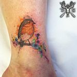 Colorful watercolor robin tattoo by Danny Scott. #watercolor #abstract #DannyScott #bird #robin #inksplatter
