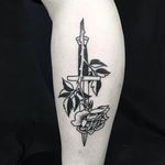 Rose Dagger Tattoo by Russell Winter #rosetattoo #daggertattoo #blackwork #blackworktattoo #blackworktattoos #blackworkartists #blacktattooing #blackink #darktattoos #darkink #RussellWinter