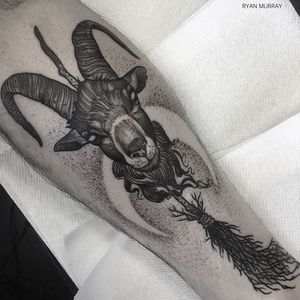 Baphomet by Ryan Murray (via IG-blackveiltattoo) #blackandgrey #halloween #spooky #macabre #goat #moon #broom #baphomet #RyanMurray #BlackVeilStudio