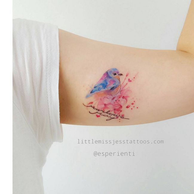 Blue Watercolor and Ink Parrot Tattoo 