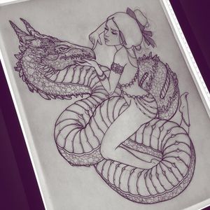 Tattoo flash by Silly Jane #SillyJane #linework #illustration #tattooflash #flash #lady #body #dragon #scales #magic #jewelry #babe #hair #graphic
