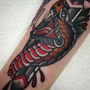 Traditional Snake Tattoo by Myles Vear #TraditionalTattoo #TraditionalArtist #TraditionalTattoos #NeoTraditional #BoldWillHold #MylesVear