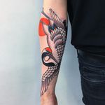 Crane by Caio Piñeiro #CaioPinerio #Japanese #newtraditional #mashup #sun #crane #color #bird #wings #feathers #nature #tattoooftheday