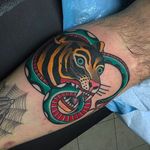 Tigerhead with snake, tattoo by Chris Marchetto. #chrismarchetto #traditional #tattoo #tiger #snake