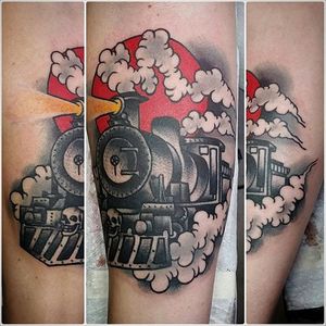 Locomotive Tattoo by Tony Mulkes #locomotive #locomotivetattoo #traintattoo #train #traditionallocomotive #traditionaltrain #oldschooltrain #oldschool #traditional #TonyMulkes