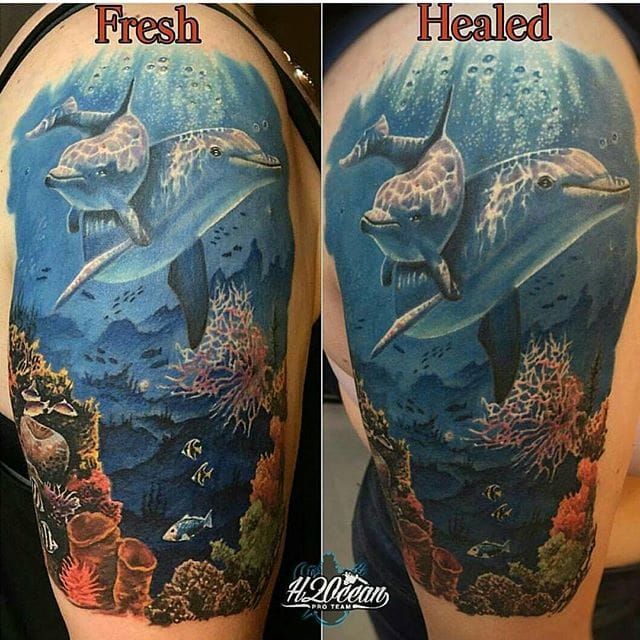Healed photos of an underwater half sleeve by Christina ch ww   Half sleeve tattoos designs Leg sleeve tattoo Ocean sleeve tattoos