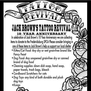 The flyer for Jack Brown's Tattoo Revival's 10th anniversary charity event (IG—tattoorevival). #charity #FredricksburgSPCA #JackBrownsTatttooRevival