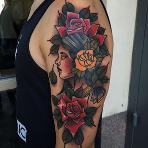 Women and rose tattoo by Dannii G #DanniiG #traditional #neotraditional #roses #oldschool (Photo: Instagram @dannii_ltp13)
